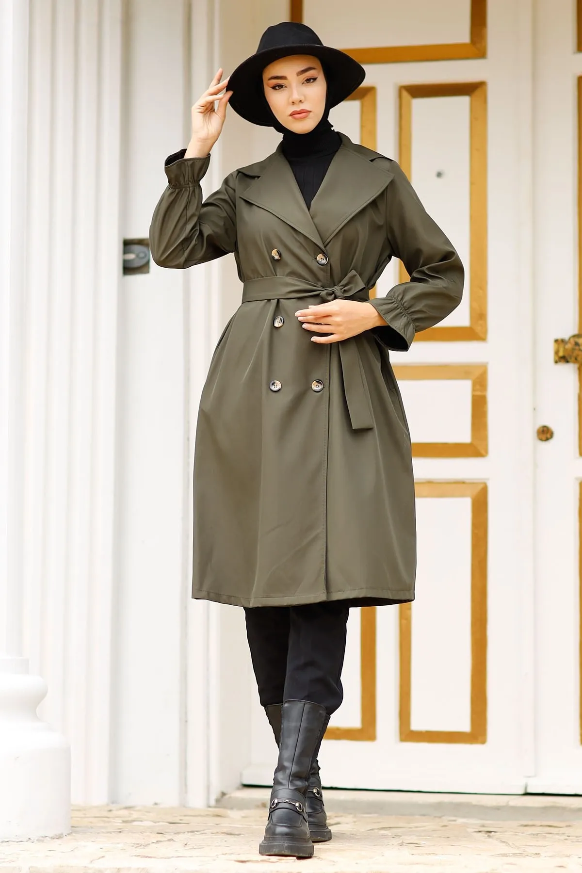 Elastic Sleeves Button Detail Trench Coat Turkey Muslim Fashion Islam Clothing Dubai Istanbulstyles Istanbul Winter 2021