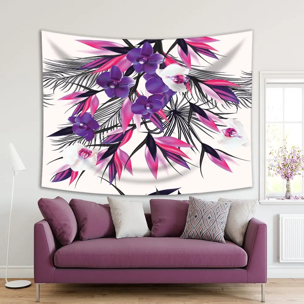 

Tapestry Tropical Plants Orchids and Palm Leaves on White Background Artwork Purple Pink Black