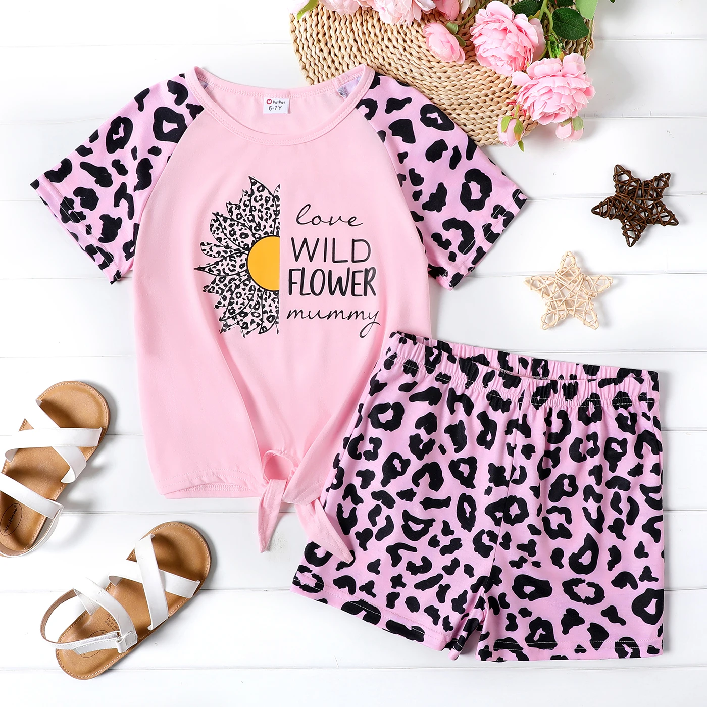 

PatPat 2-piece Kid Girl Floral Letter Print Tie Knot Raglan Sleeve Top and Leopard Print Shorts Set