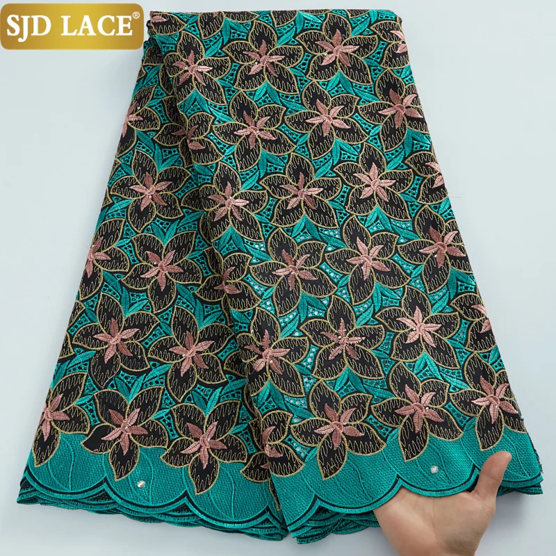 Купить SJD кружево высокого качества Африканское кружево вышитая ткань нигерийские камни швейцарская вуаль кружево Швейцария дизайн платья с отве...