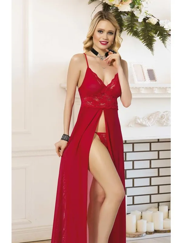 V-Neck Strappy Chest Cleavage Lace Front Open Long Red Sexy Fantasy Nightgown Suit