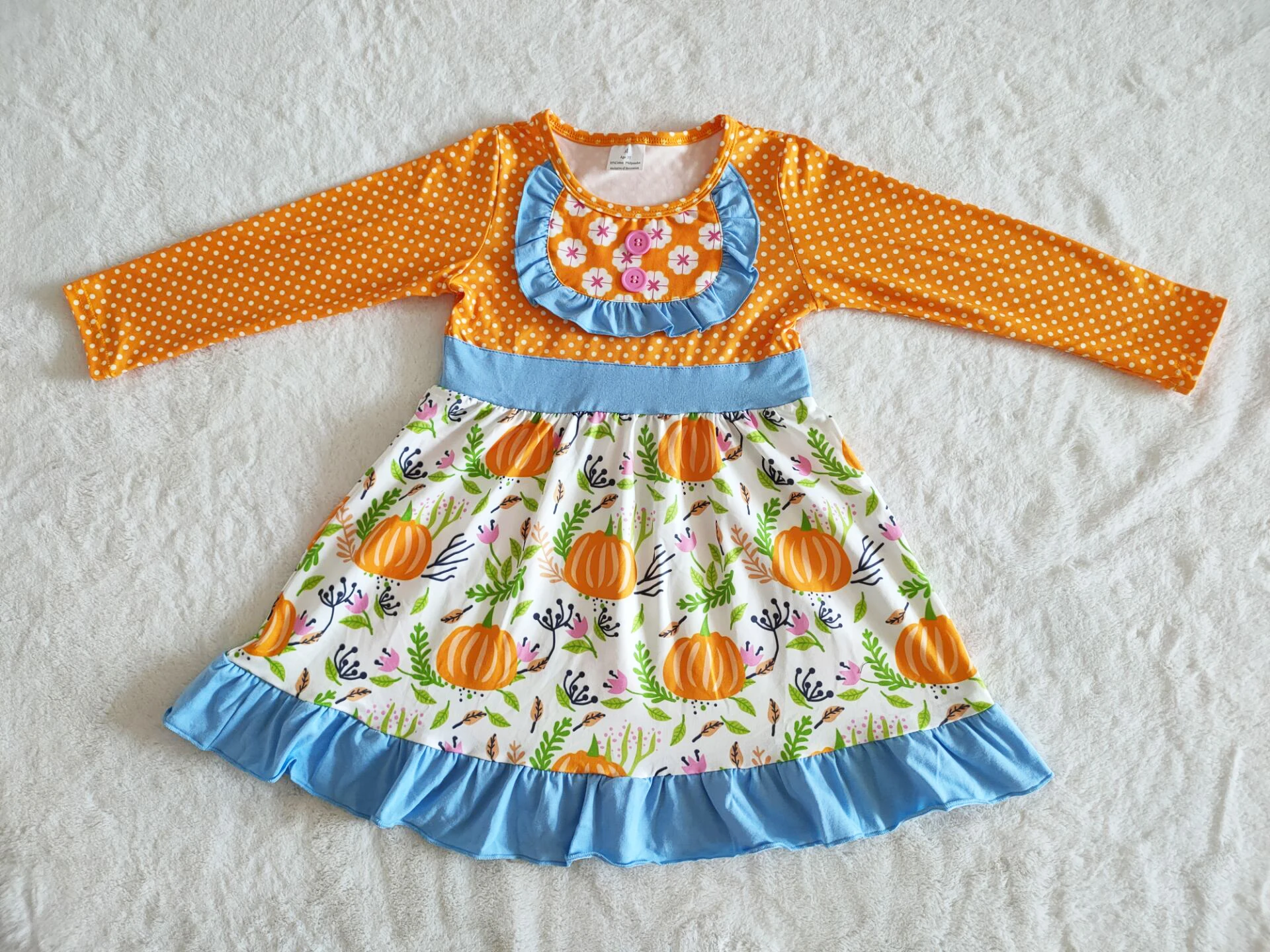 

Wholesale Halloween Style Pumpkin Girl Ruffle Yellow Polka Dot Long Sleeve Skirt Sky Blue Cotton Belt Dress