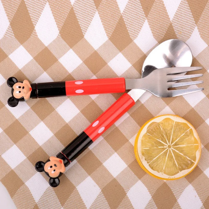 Mickey(Fork Spoon) Мультяшный МИККИ набор ложка и вилка милая посуда из нержавеющей стали портативная детская посуда для еды посуда для малышей - Цвет: Mickey(Fork Spoon)