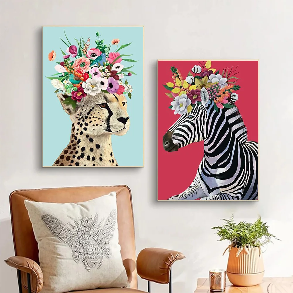 

Zebra leopard Giraffe With Flower on Head Canvas Painting Modern Animal Poster and Print for Living Room Wall Art Home Decor