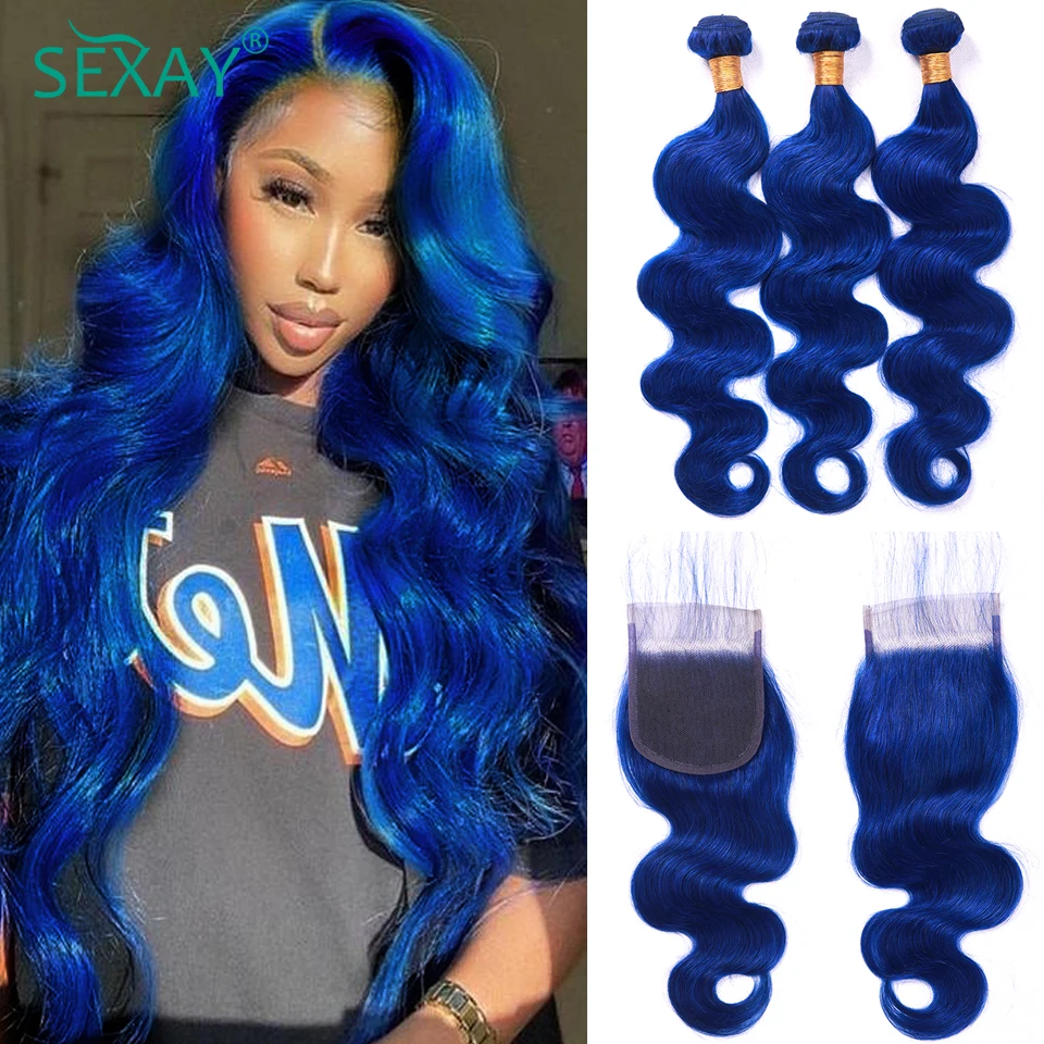 Sexay Blue Body Wave Bundles With Closure 28 Inch Malaysian Remy Human Hair Sapphire Colored 3 Bundles With Closure Pre Plucked