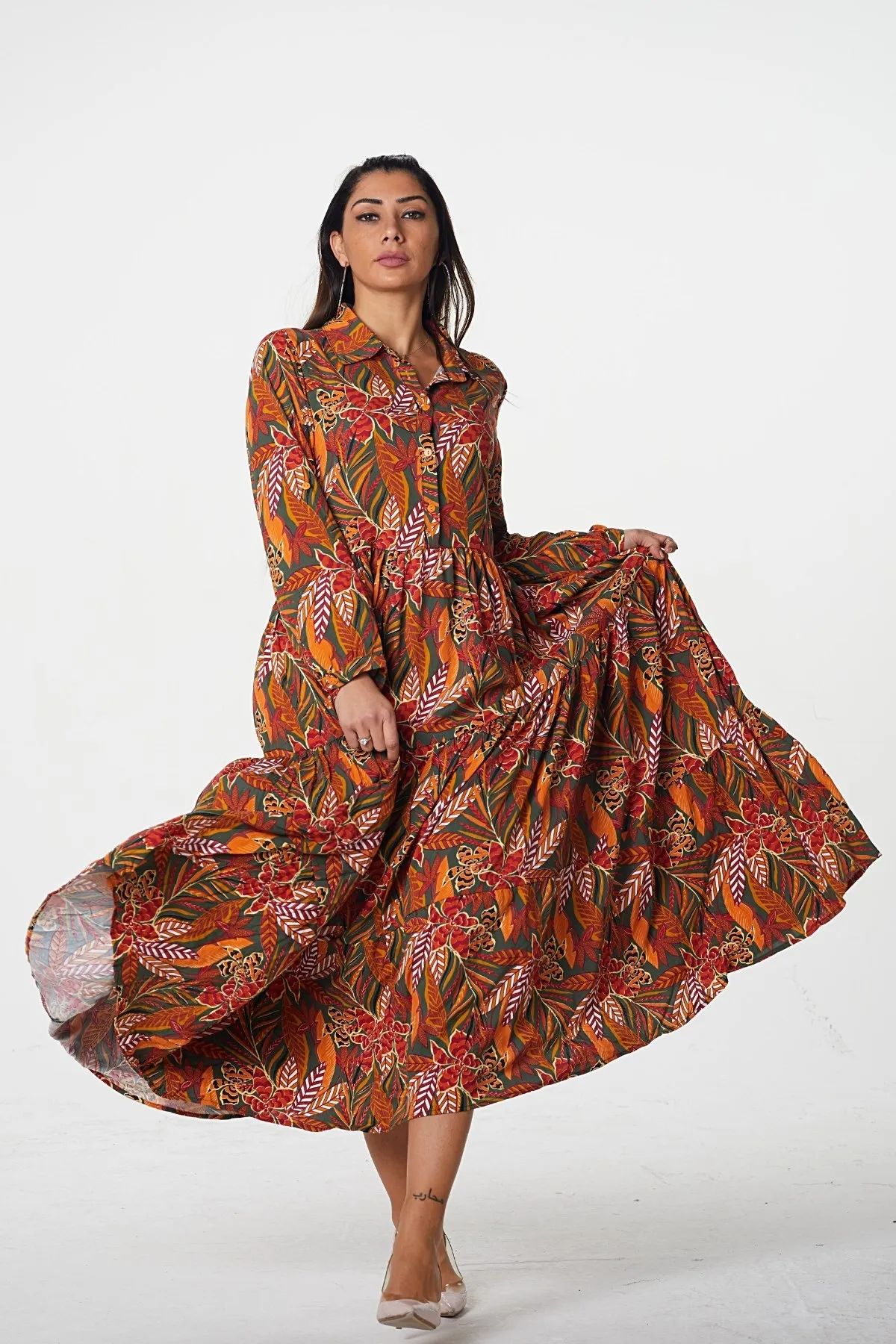 

Women's Orange Patterned Shirt Collar Pocket Flared Woven Dress