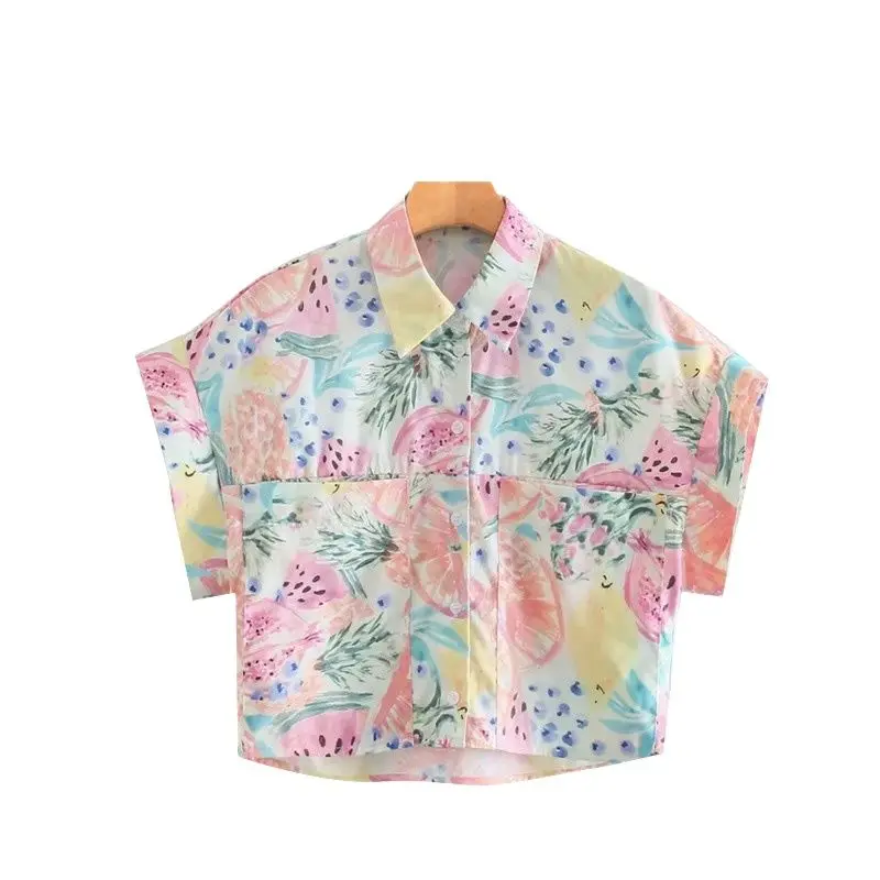 

Baldauren Women Fashion With Pockets Fruit Print Cropped Blouses Vintage Short Sleeve Button-up Female Shirts Chic Tops