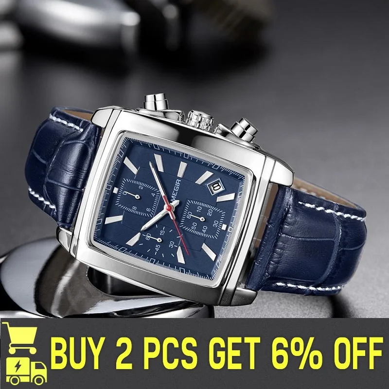 Часы MEGIR Мужские кварцевые с хронографом оригинальные прямоугольные