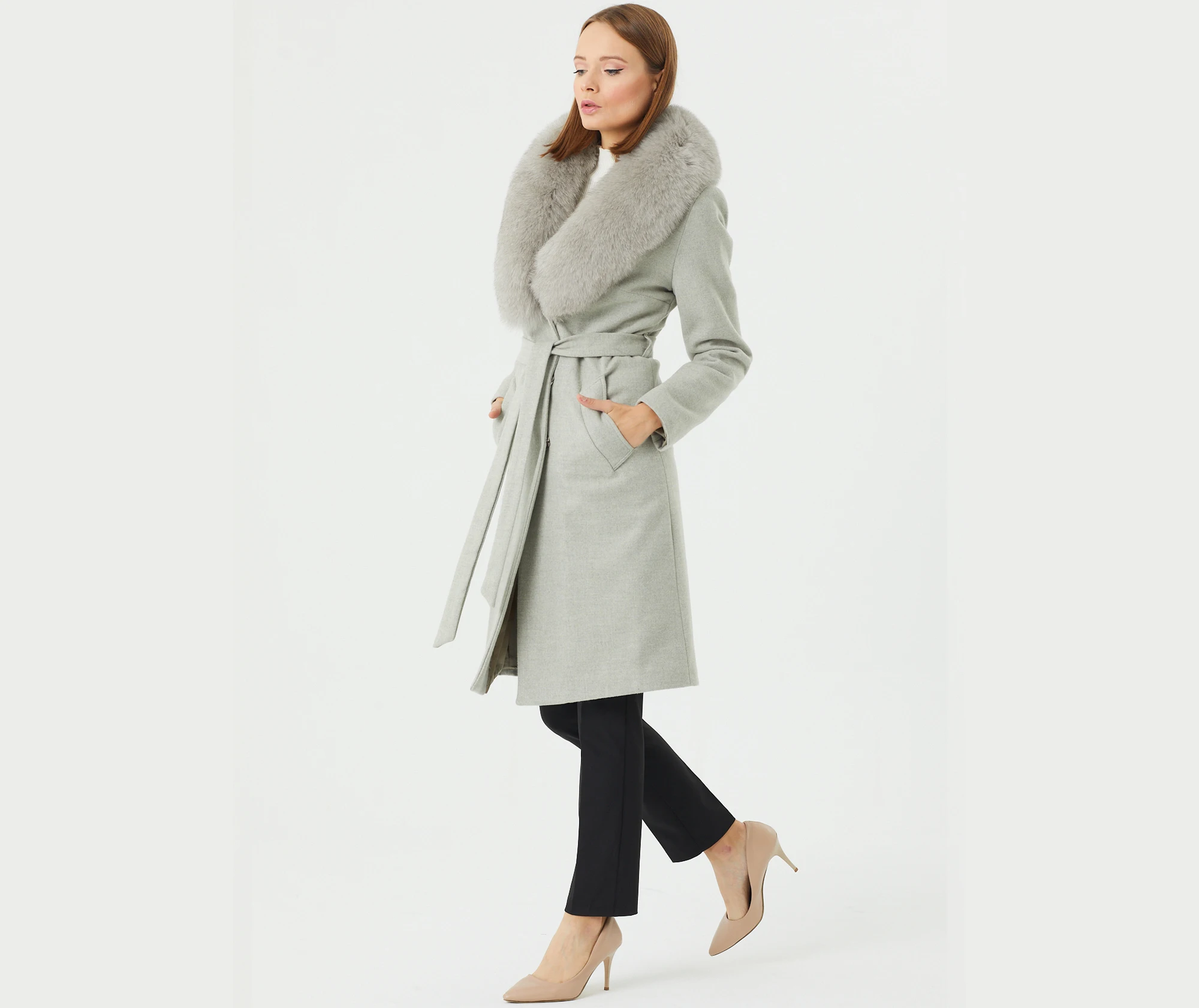 

Fur Collar Woman Cashmere Coat, Cashmere Coat With Fox Fur Shawl Collar
