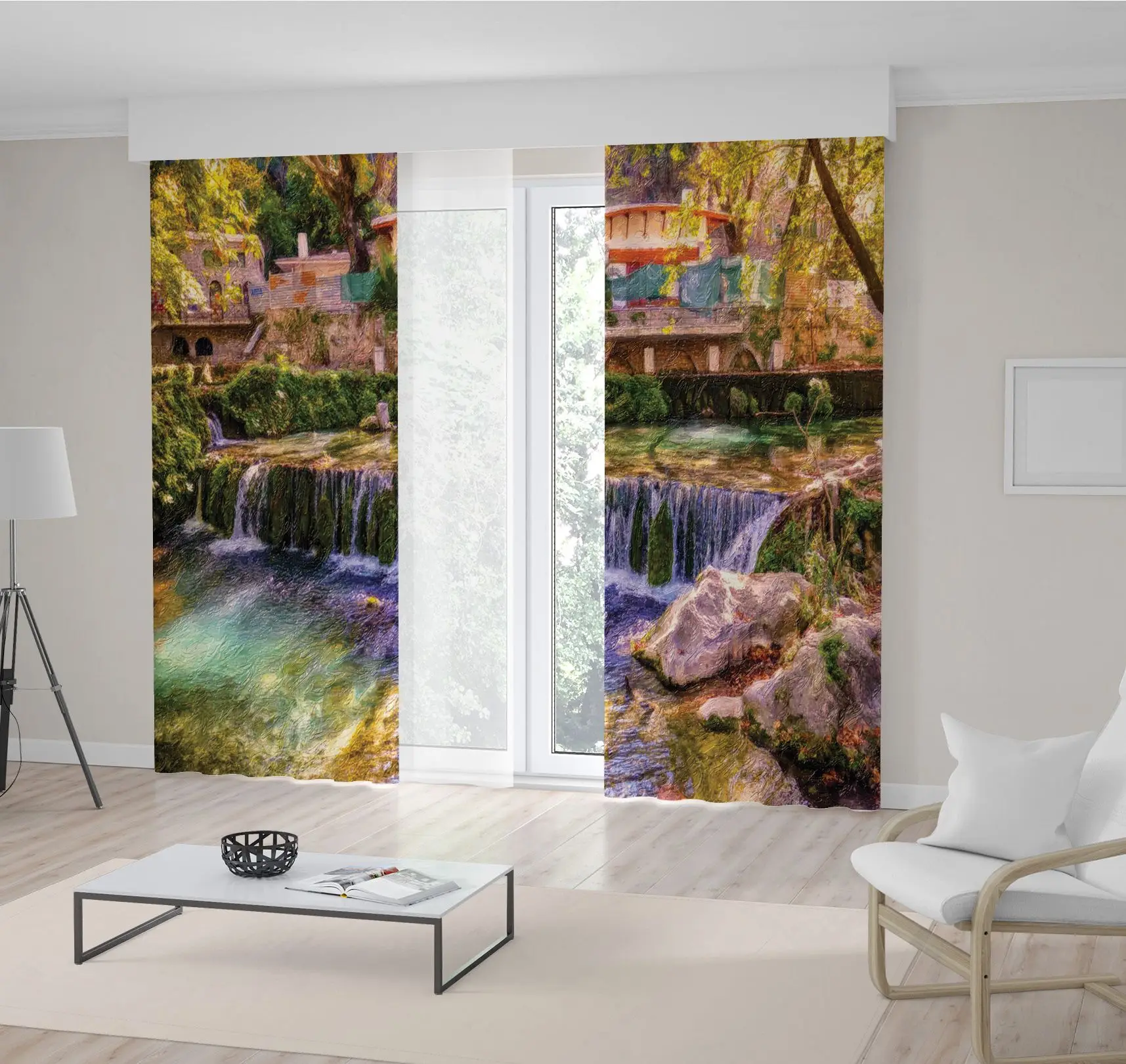 

Curtain Small Waterfall and House in Forest Countryside Landscape in Green Yellow Oil Painting Style Artwork