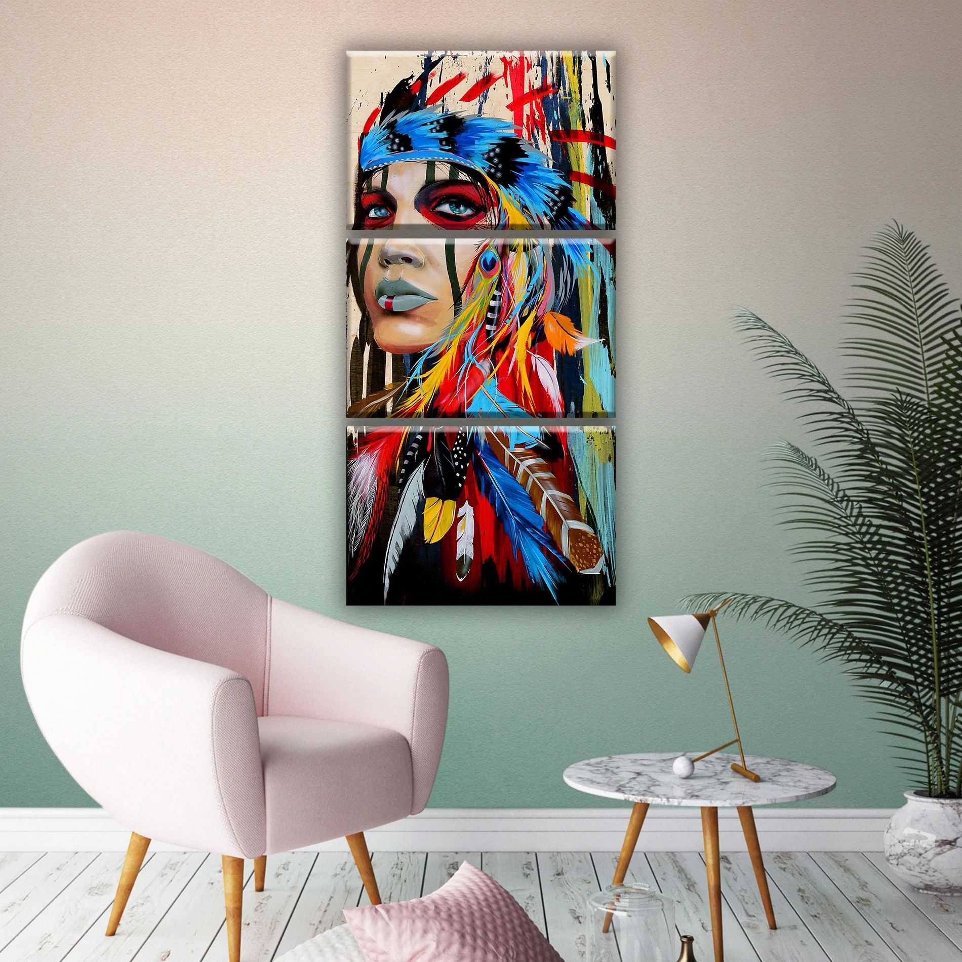 Модульная картина на холсте 3 модуля триптих Индеец живопись. Вертикальная в