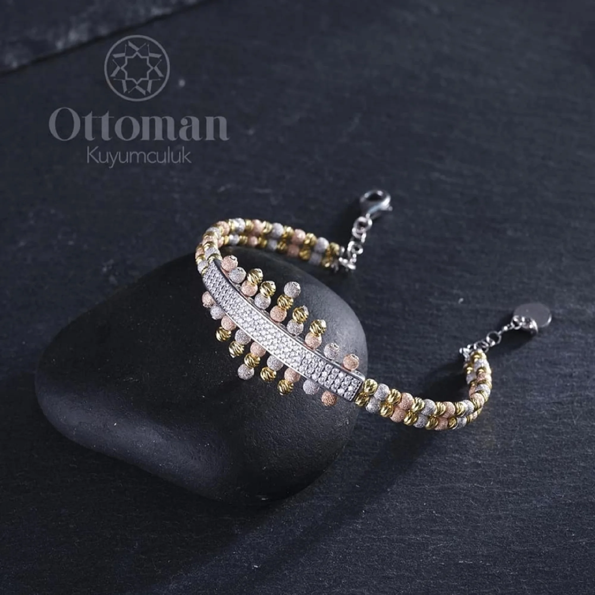 Ottoman Hallow Women's Sterling Silver Bracelet is yellow plated on silver and decorated with zircon Stones Turkish Handmade