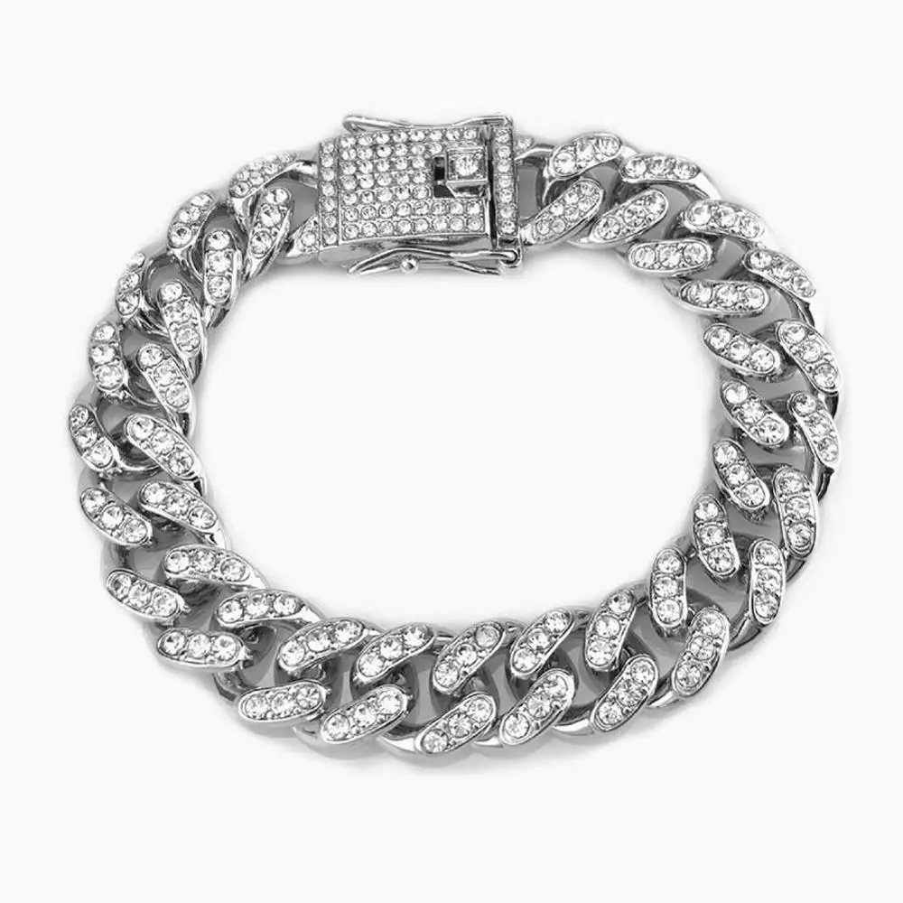 Bling Rhinestone Hip Hop Cuban Link Chain Bracelet Iced Out for Women Men Full AAA Crystal Rapper Jewelry | Украшения и