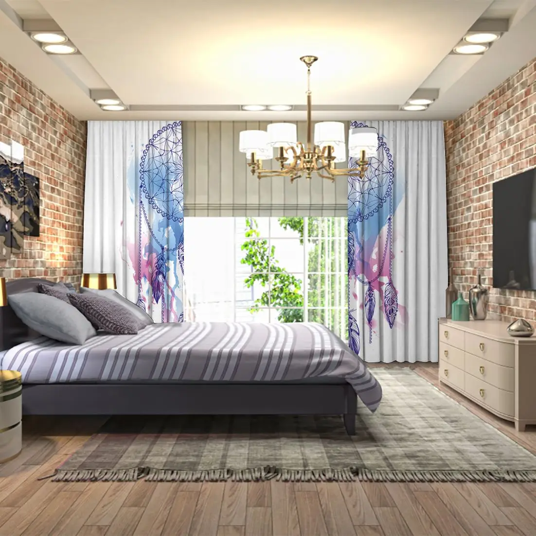 Занавеска Ловец снов с перьями акварельный эффект Богемный Хиппи стиль