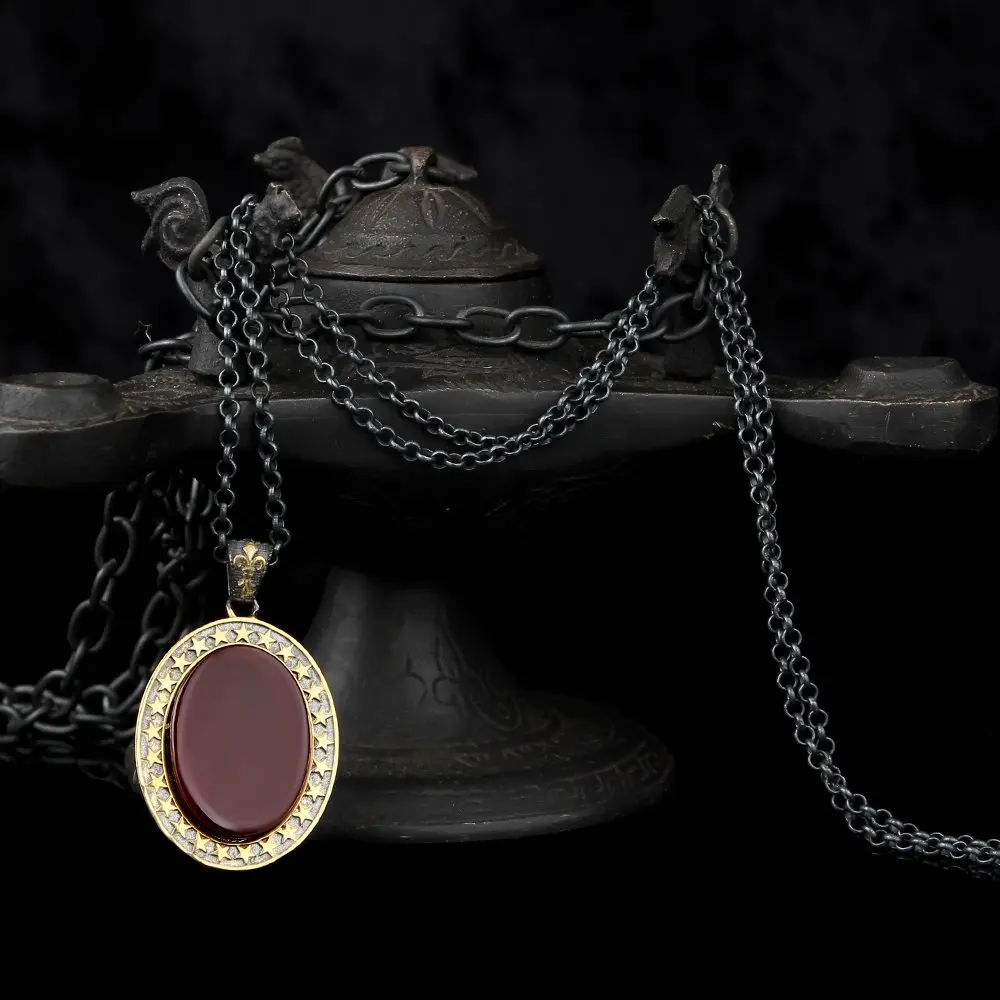 

925 Sterling Silver Rodaj Coating Men Red Agate Stone Pendant with Gold Color Detail and Star Motif Made in Turkey