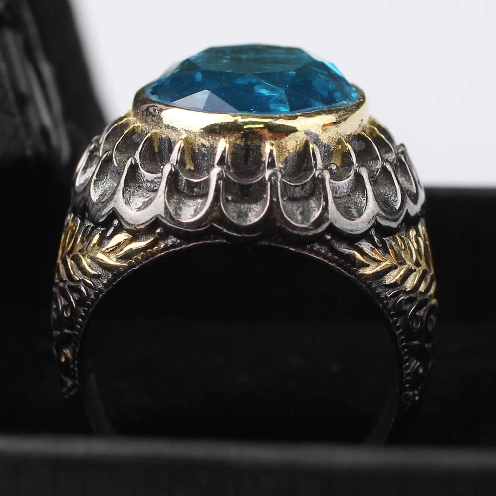 

Sky Blue Paraiba Tourmaline Ring, Mens 925 Silver Handmade Ring,18 K Gold Plated Handmade Man Intricate Silver Paraiba Ring