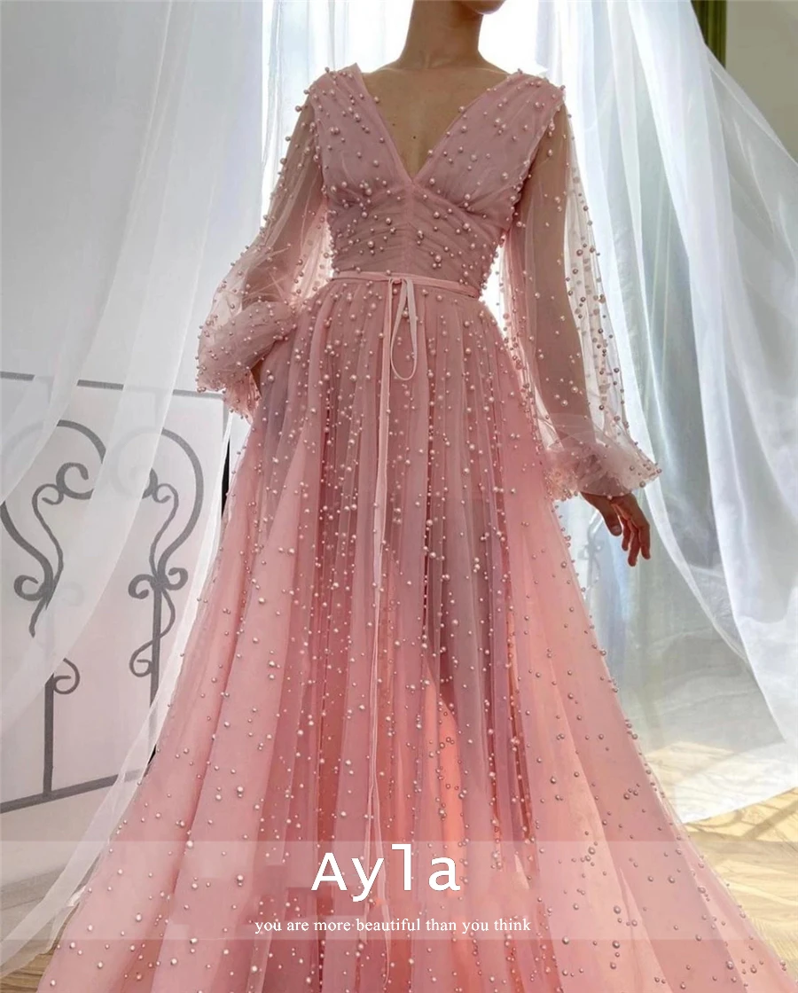 

Gorgeous String Beads Design Evening Dress Princess Pink Prom Gowns Puffy Sleeves French Formal Gowns Vestidos De Novia