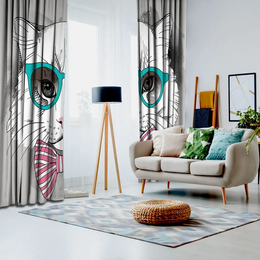 Занавес милый кот в очках и галстук бабочка модные стильные животные мультфильм