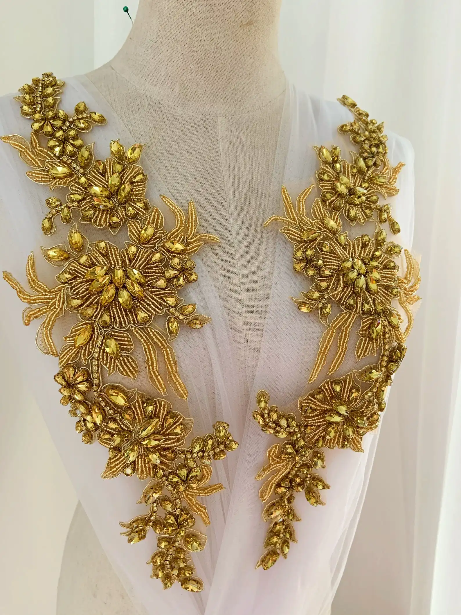 

Gold Rhinestone Applique With Florals Moti Bridal Headpiece