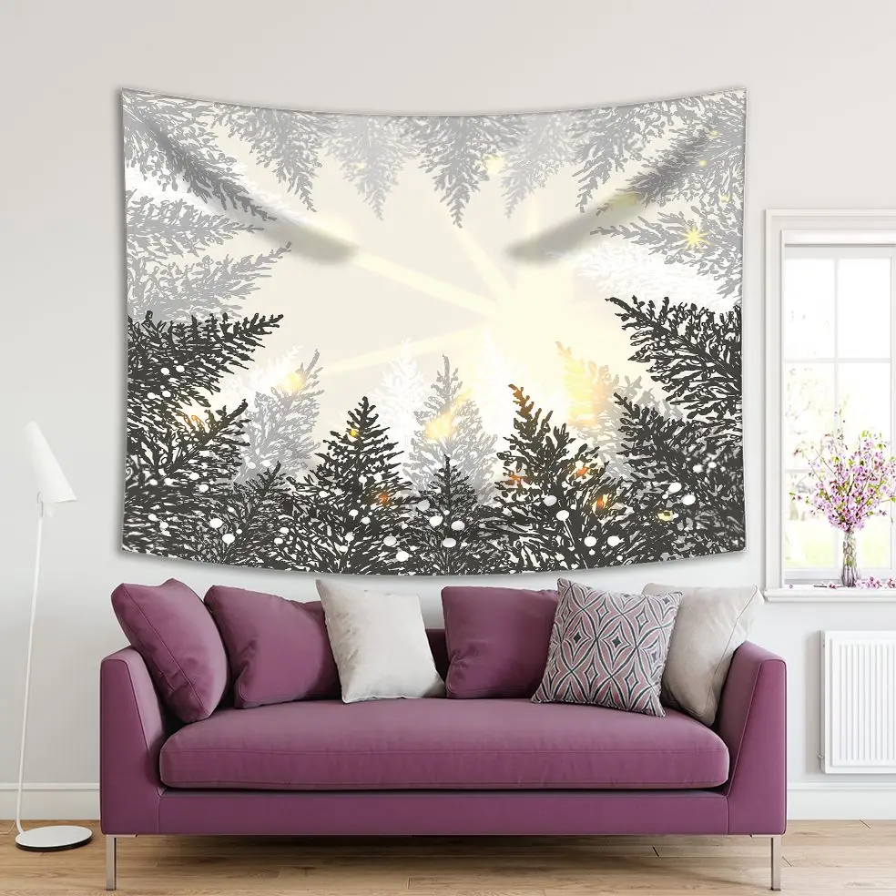 

Tapestry Winter Pine Trees Forest Snowflakes Sun Rays Illustration Monochrome Modern Nature Themed Artwork