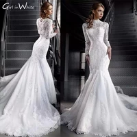 mermaid wedding dress for women long sleeve with high neck bride dresses lace appliques bridal gowns bouquet vestidos de novia