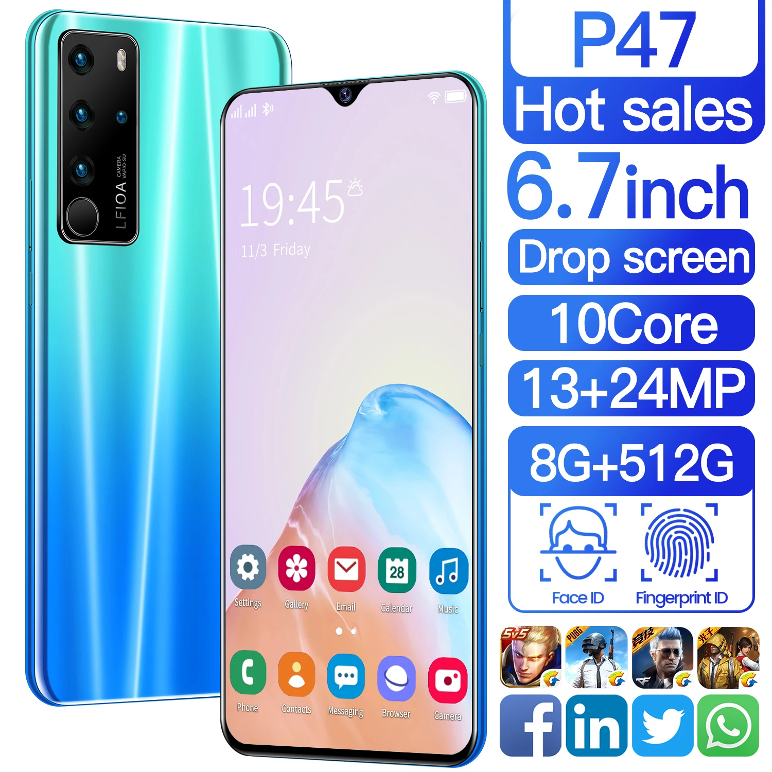 

Global Version p47 pro Andriod10 Smartphones 16G 512GB 6.7 inch Mobile Phones Celulares 5G Dual Sim Unlocked Smart phone