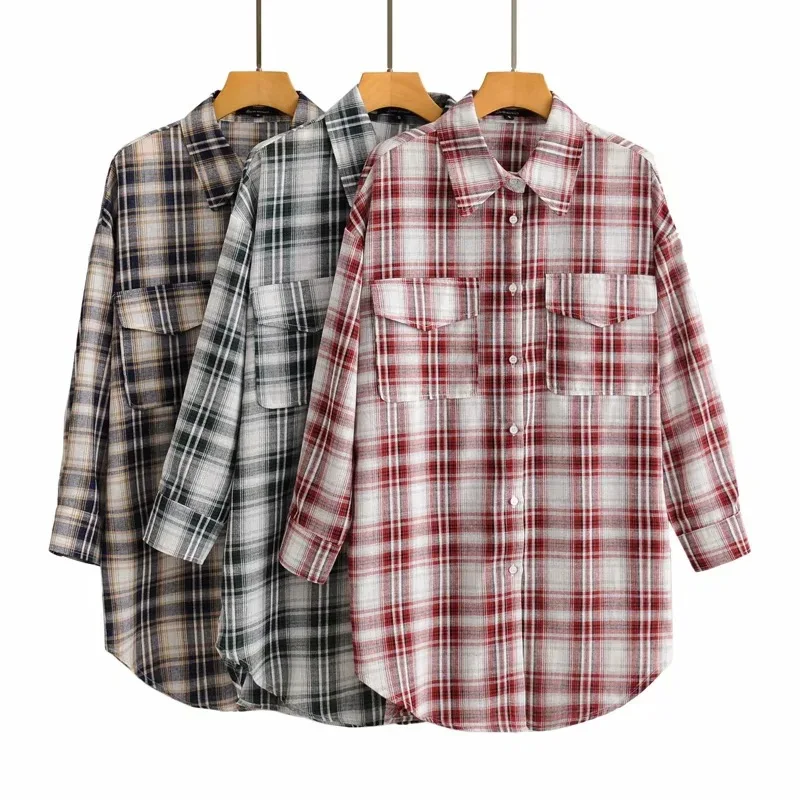 

Plaid Blouse Oversized T-Shirt Button Through Plus Size Casual Tunic Curve Hem Longline Top