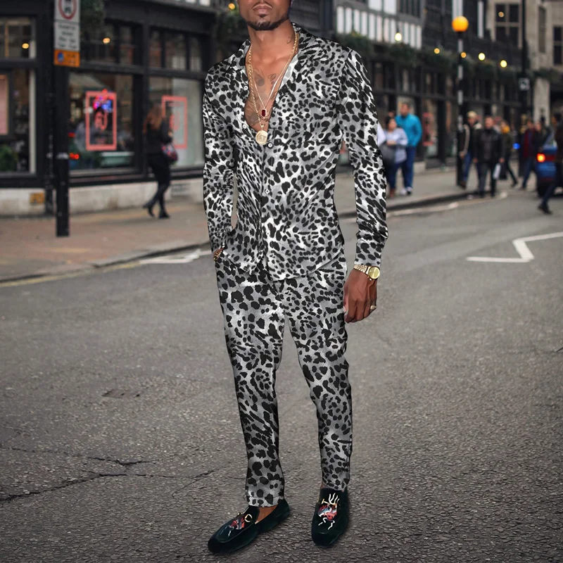 

2022 New Men's Casual Long Sleeve Opening Shirt + Trousers Set 3d Leopard Fashion Sports Two-piece Four-season Set