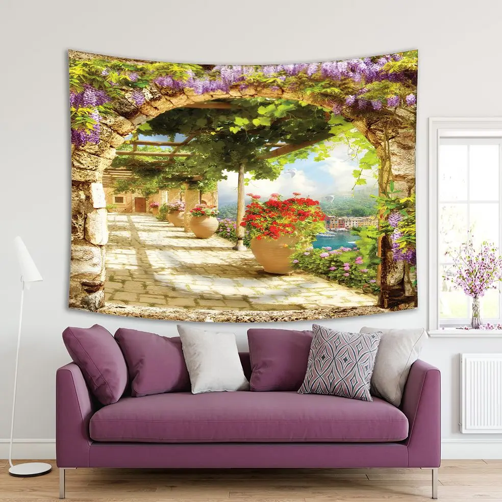 

Tapestry View from Arch Lilacs Grapes Flowers in Pots Riverside Terrace Garden Italian Style Architecture Beige Green Red Scene