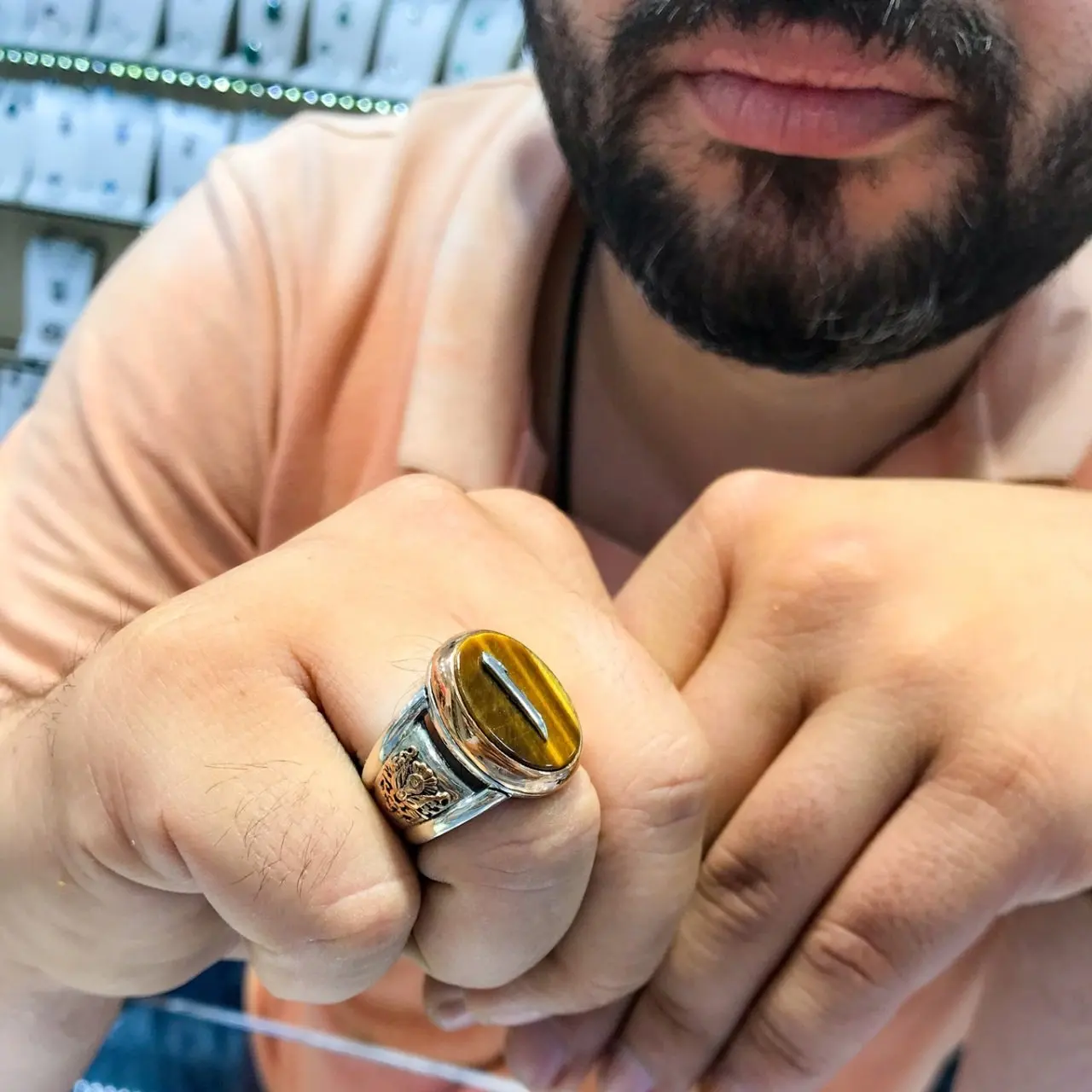 Алеф письмо тигровый глаз камень серебряное мужское кольцо|Кольца| |