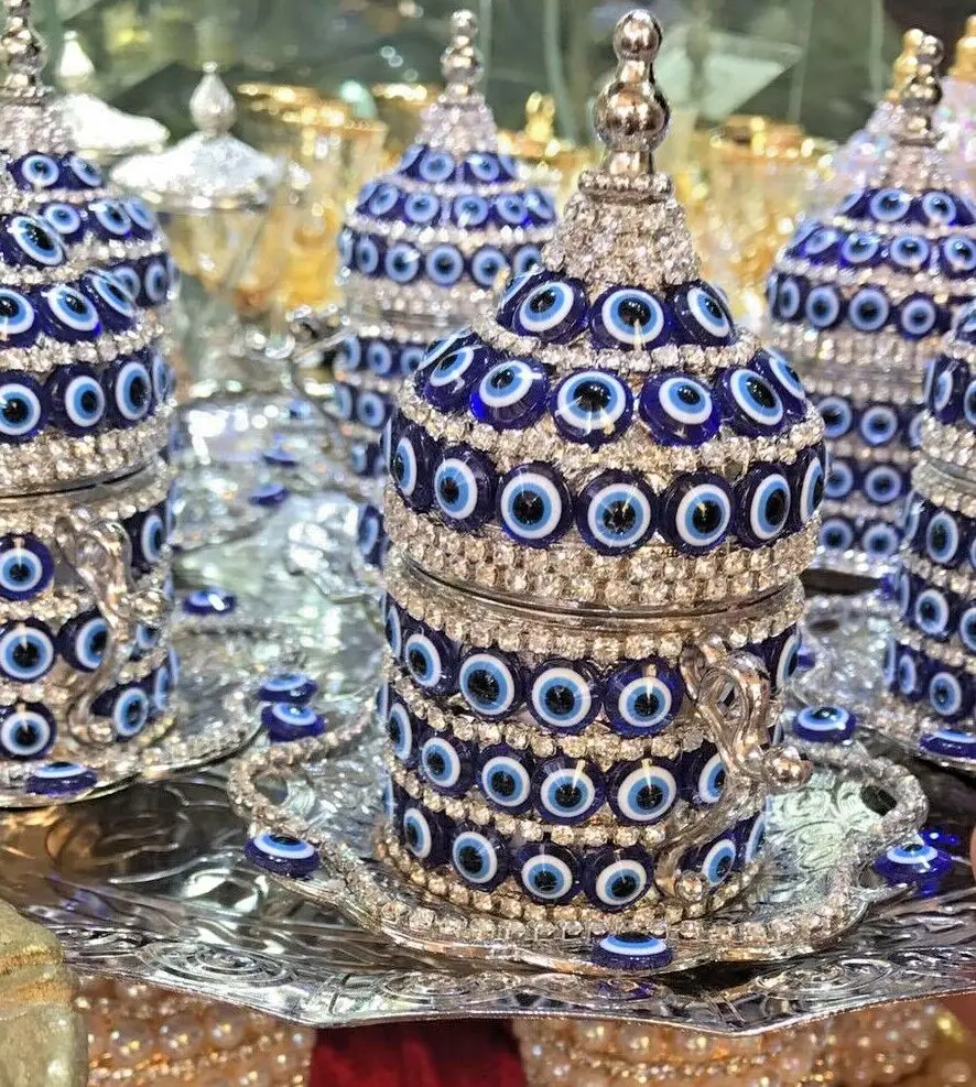 

Set of 6 Authentic Evileye Turkish Coffee Cups and Saucers Set Lids with Arabic Set Handmade Home Decor Espresso Coffee set