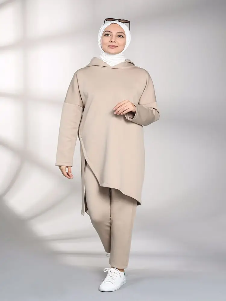 

Scuba Pants Cloth Tunic Asymmetric Double Team Sports Clothing Sets 2 Piece High Waist Hooded Muslim Turkey Fall Fashion