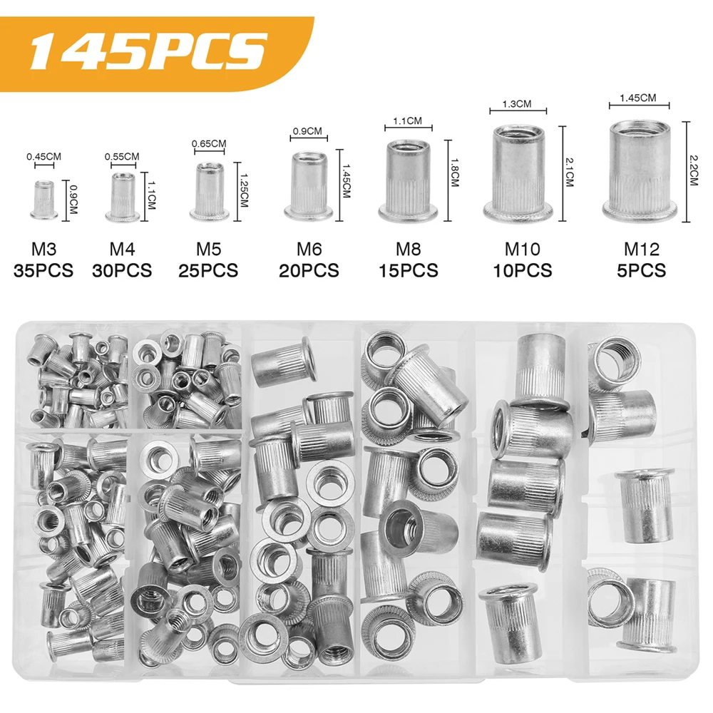 

145pcs Aluminum Rivetnuts Blind Set Nutserts Threaded Insert Nutsert Cap Flat Head Rivet Nuts Carbon Steel M3-M12