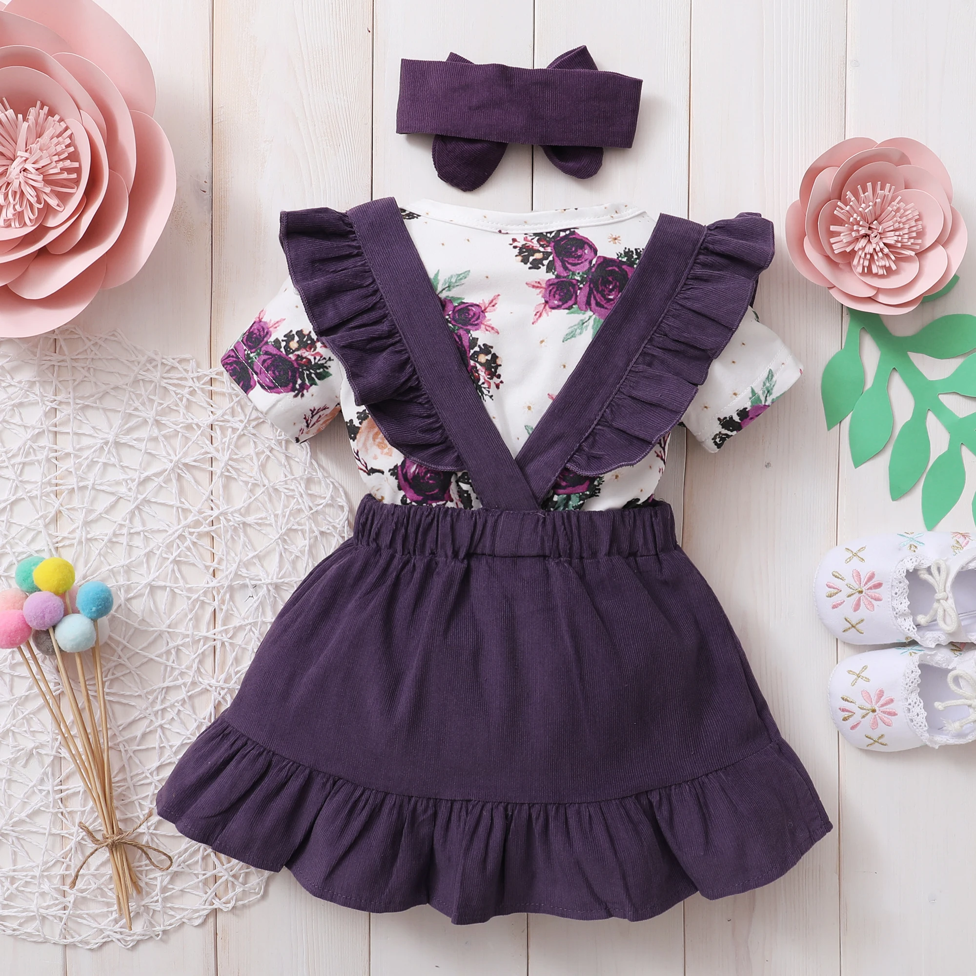 

Baby Girl Clothes Toddler Girl Floral Spring Outfits Set Short Sleeve Romper Purple Folral Dress Free Shipping Kids Girl Birtday