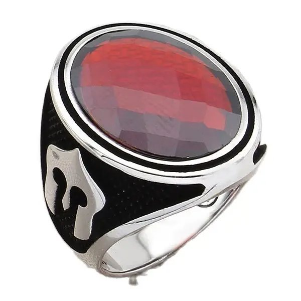 

925 Sterling Silver Mens Ring with Oval Red Zircon Natural Gemstone with Warrior's Helmet Jewelry Gift for Dad Gift for Husband