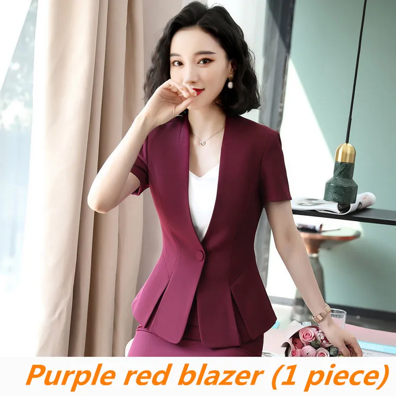 purple red blazer Короткий рукав полосатый костюм юбка женская летняя новая корейская мода профессиональный темперамент деловой офисный костюм комплект из двух предметов - Цвет: purple red blazer