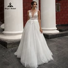 Платье Свадебное в стиле бохо, с V-образным вырезом, кружевным лифом и вышивкой