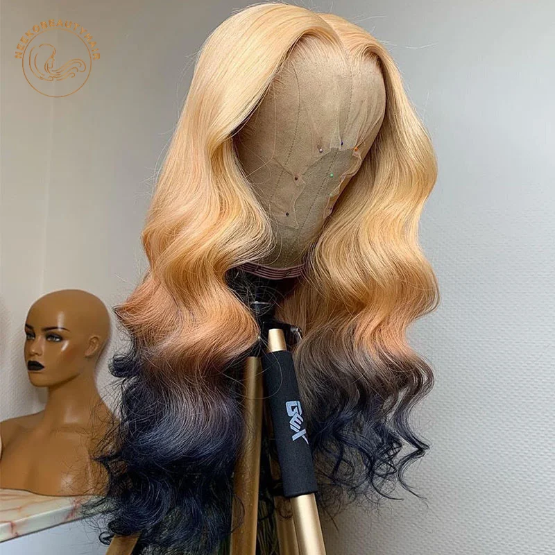 Парик Омбре из оранжевых и черных волос волнистые передние парики на сетке 13 х4