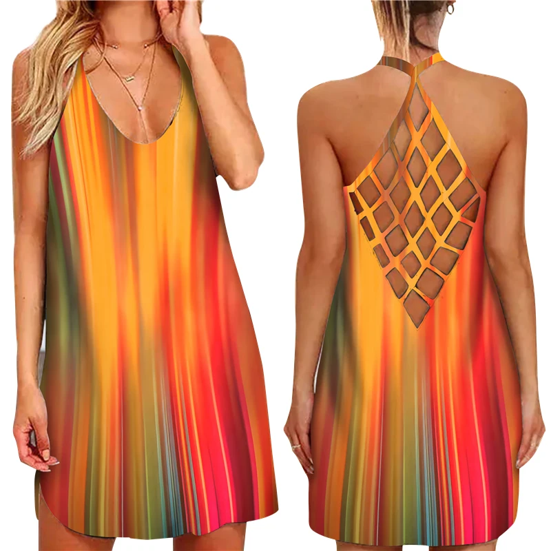 

2022 Summer Tie Dye 3D Print Halter Mini Dresses Sexy Criss-Cross Hollow Out Sleeveless Dress Elegant Women Party Beach Sundress