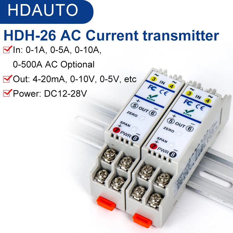 

HDH-26 AC Current Transmitter 0-1A 0-5A 0-10A Input 4-20mA 0-5v 0-10V Output DC24V Power AC Current Transducer Sensor