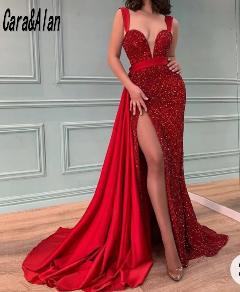 

Custom Made High Split Prom Dresses Long Sequined Red Mermaid Evening Gowns for Women Dinner Dress robe de soirée de mariage