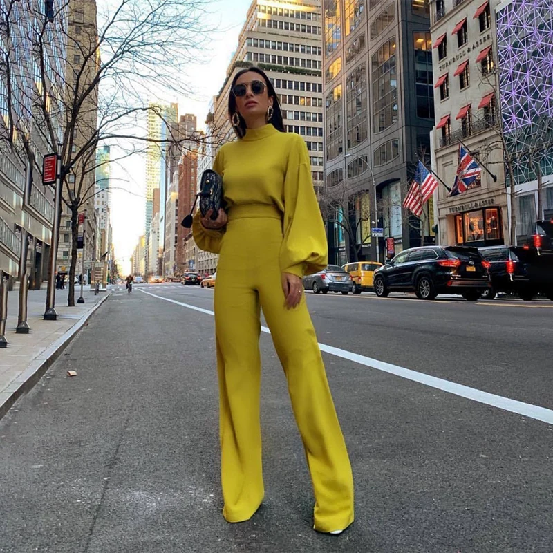 

Yellow Sexy Backless Jumpsuit Women 2020 Casual Lantern Sleeve Solid Colors Button Wide Leg Rompers Elegant Office Lady Overalls