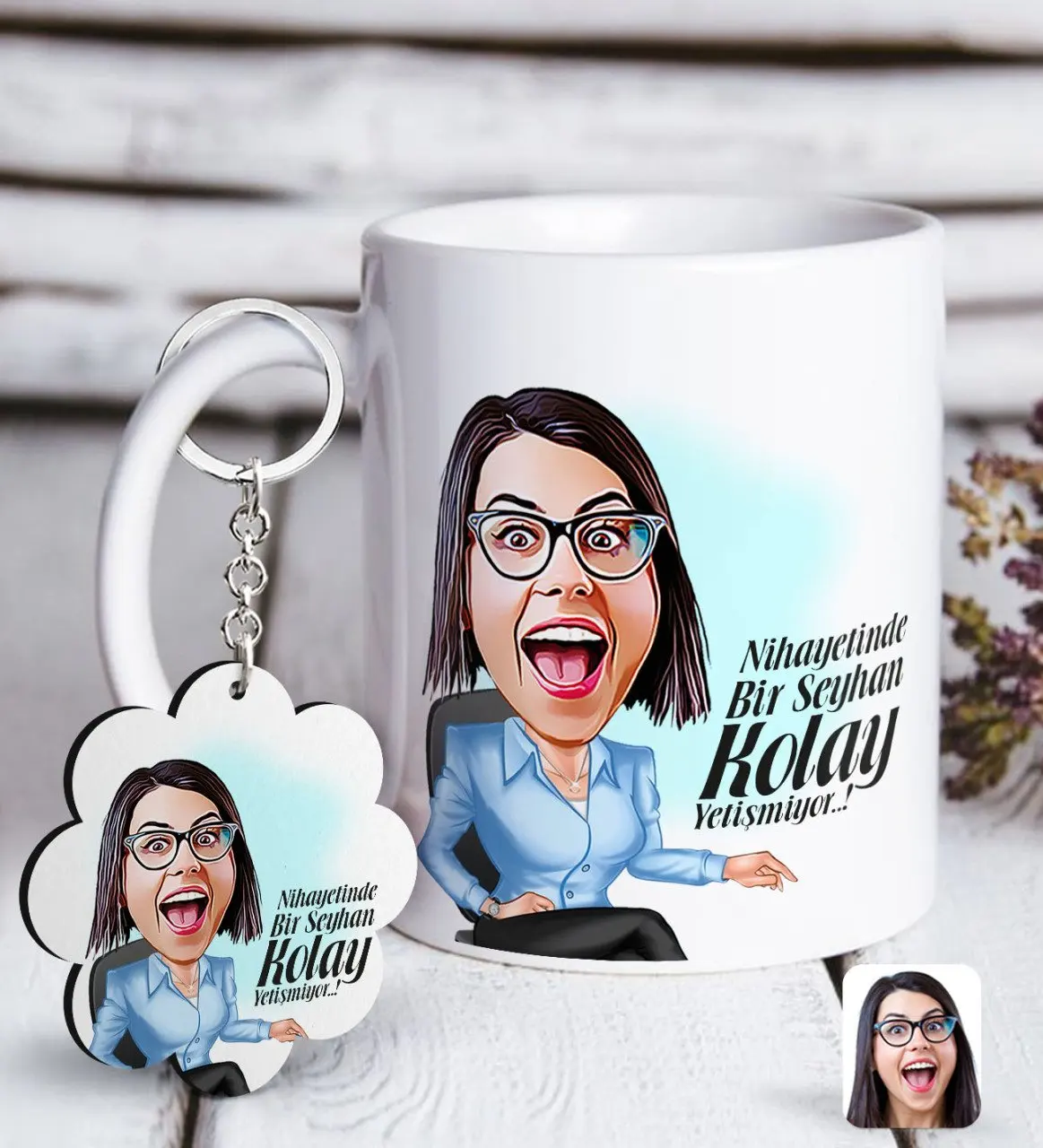 

Personalized Women 'S Easy Grow Caricature Of White mug And Keychain Gift Seti-2