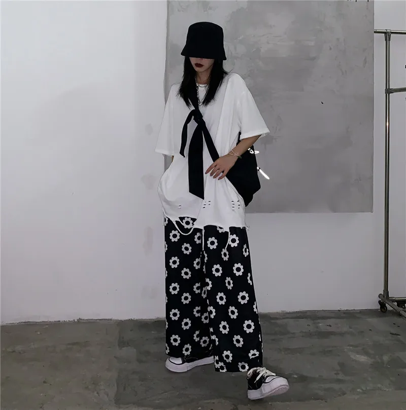 New Summer Daisy Flower Print Pants Korean Version Harajuku Style Loose Pants Full Length Pants Streetwear Wide Leg Pants