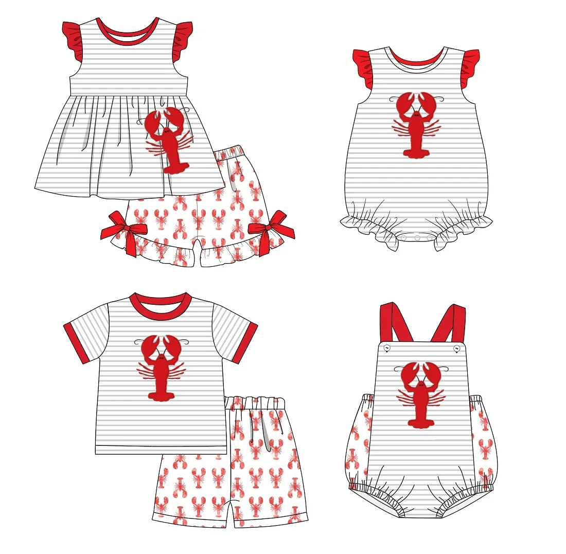 New Design Summer Outfits Clothes For Girls Cute Crayfish Red Embroidery T-Shirts + White Print Casual Sports Shorts For 2022