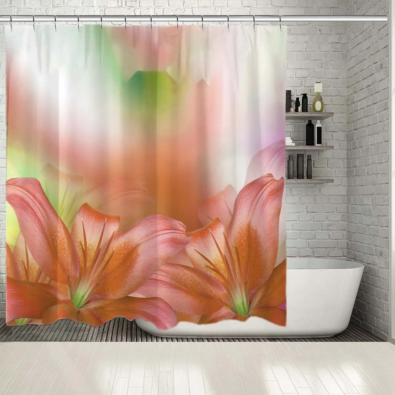 

Shower Curtain Lily Flowers Bouquet on Becomes Blurred Background Nature Floral Composition Artwork Green Pink