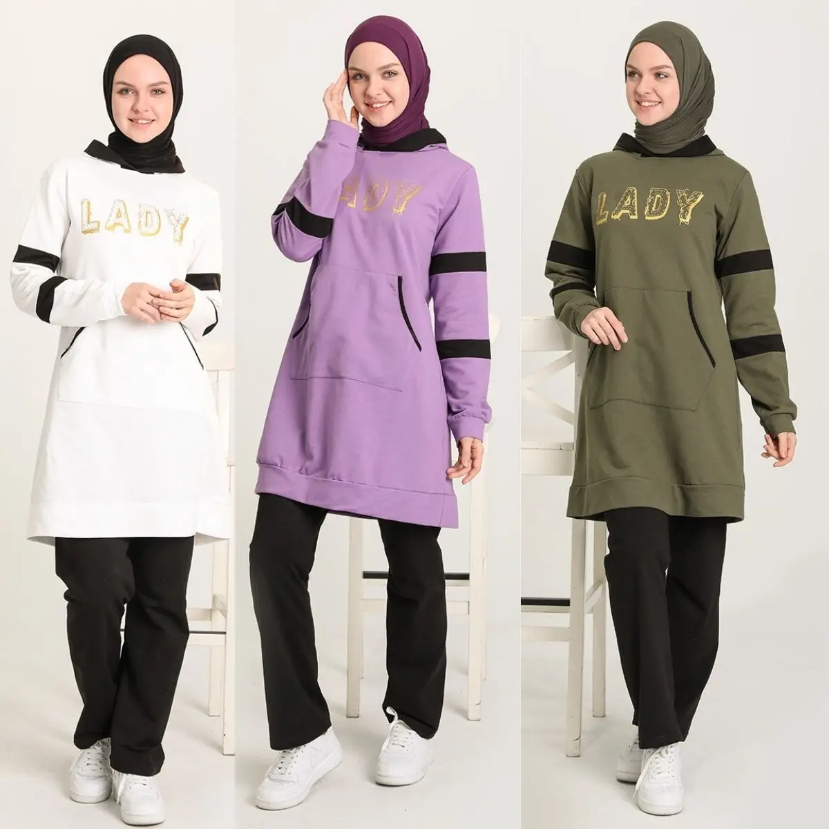 Tracksuit Suit Slit Women's Hooded Kangaroo Pocket Set Fashion  Muslim Hijab Clothing  Turkey Istanbul Islam Dubai Casual Sports