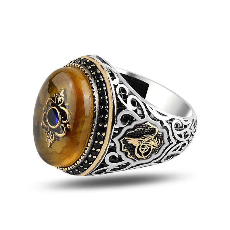 

Mans 925 Silver Tughra Amber Ring, Handmade 925 Silver Ring, Silver Handmade Ring for Man