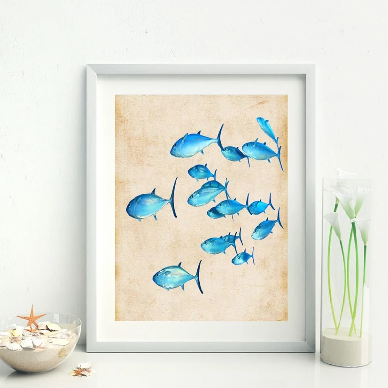

Fish Wall Art Canvas Painting Nursery Decor , Blue Fish Wall Hanging Picture Vintage Poster Prints Bathroom Home Decoration