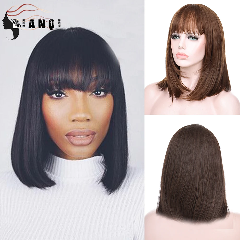 DIANQI Synthetic Hair wig Women's Heat Resistant Fiber Wig short Black Bob Wigs With Air Bangs For Cosplay Party